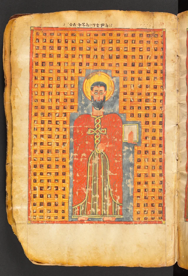 Book of the Gospels: standing bearded saint against a woven background