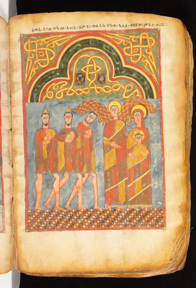 Book of the Gospels: three men bringing gifts to the Virgin and Child