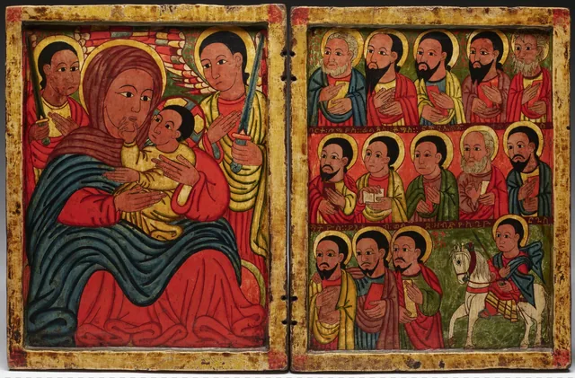 Diptyque avec Marie et son Fils entourés d'archanges, d'apôtres et d'un saint