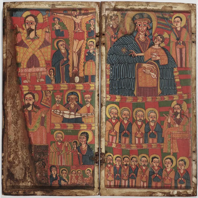 Diptyque avec la Vierge à l'Enfant entourée d'archanges ; scènes de la vie du Christ et de la Vierge, et saints