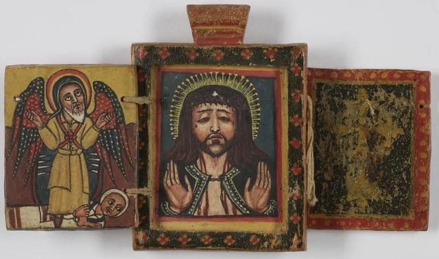 Icône pendentif recto verso avec la Vierge à l'Enfant, saint Georges et la Kʷərʿatä rəʾəsu avec Täklä Haymanot et le donateur (face B)