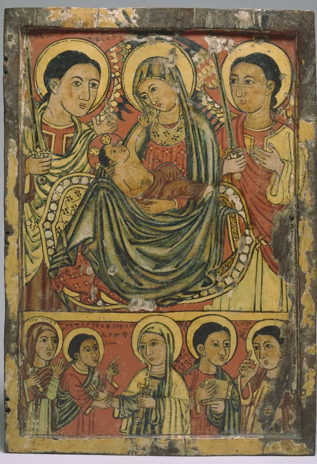 Moitié droite d'une icône en diptyque avec la Vierge Marie et l'Enfant Jésus entourés d'archanges, au-dessus de Marie avec des saints
