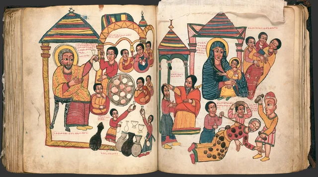 Les Miracles de Marie (Te'amire Maryam), double page : un banquet sous des dais rayés