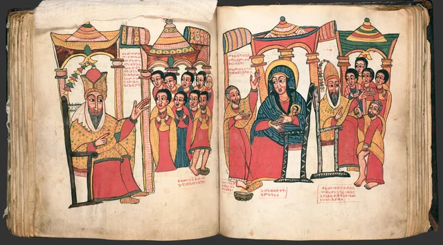 Les Miracles de Marie (Te'amire Maryam), double page : une figure couronnée sur un trône à côté d'une foule