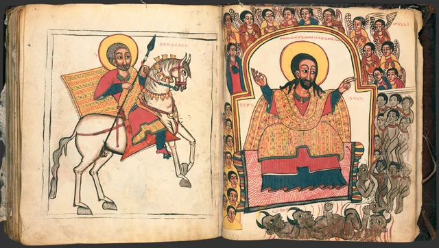 Les Miracles de Marie (Te'amire Maryam), double page : un cavalier nimbé sur un cheval blanc et une figure sur un trône