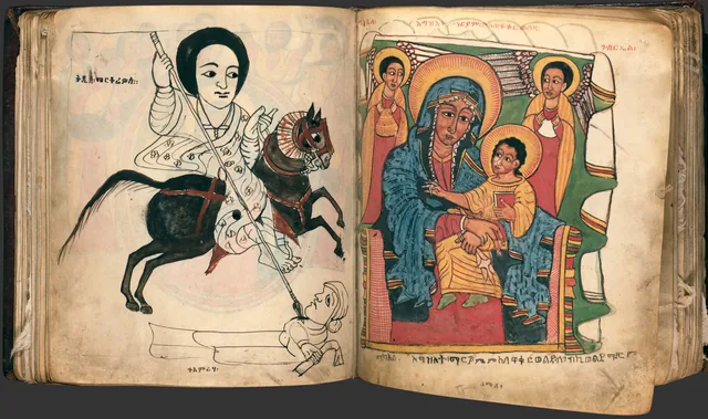 The Miracles of Mary (Te'amire Maryam), double page: a horseman with a lance above a fallen man