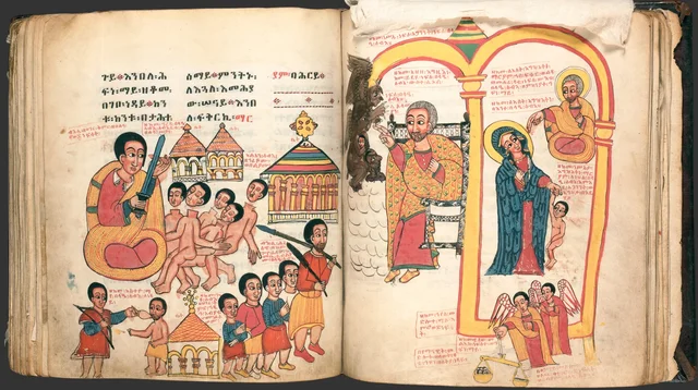 Les Miracles de Marie (Te'amire Maryam), double page : un homme avec une épée et des figures nues près de bâtiments