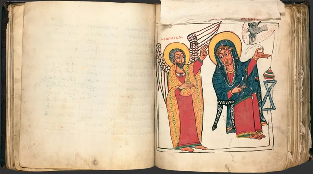 The Miracles of Mary (Te'amire Maryam), double page: an angel and the seated Virgin with a dove