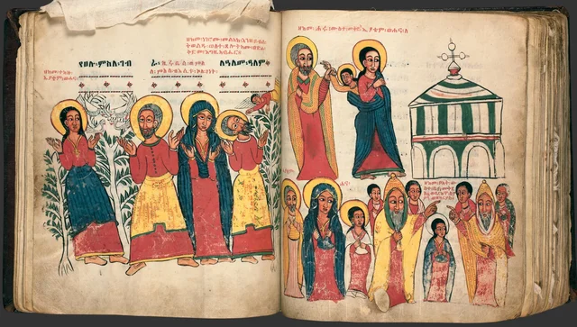The Miracles of Mary (Te'amire Maryam), double page: four haloed figures praying among plants