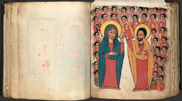 The Miracles of Mary (Te'amire Maryam), double page: the Virgin and a bearded saint before a crowd