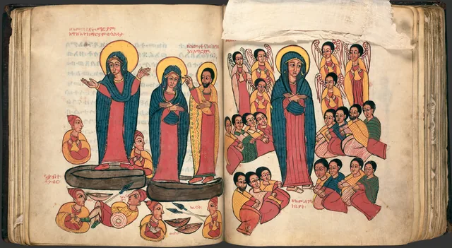 The Miracles of Mary (Te'amire Maryam), double page: the Virgin and a saint standing on stones
