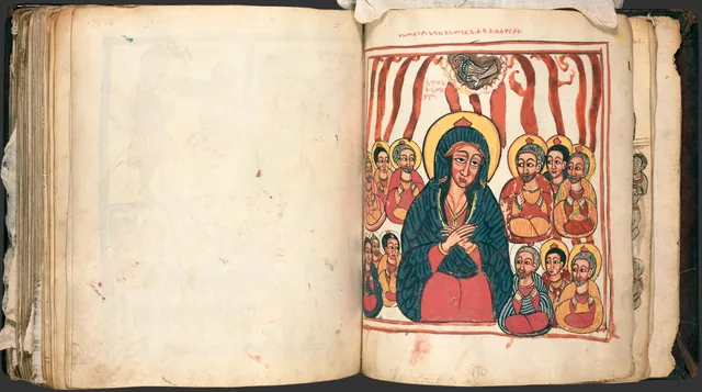 Os Milagres de Maria (Te'amire Maryam), página dupla: a Virgem e os apóstolos sob uma pomba e chamas