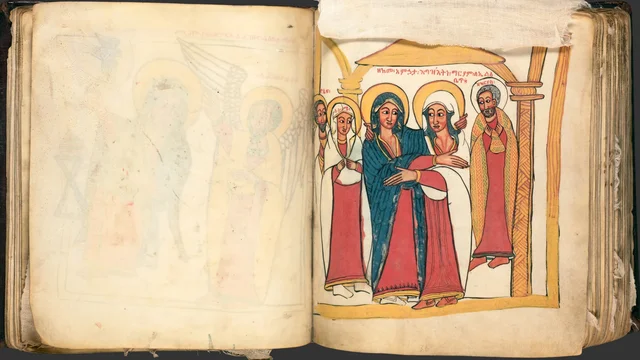 The Miracles of Mary (Te'amire Maryam), double page: the Virgin embracing a woman under an arch