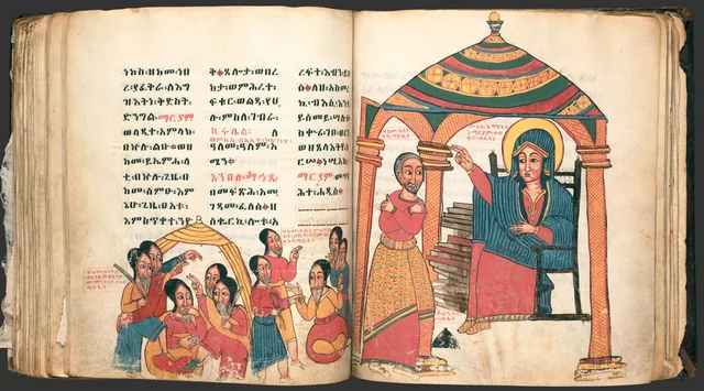 The Miracles of Mary (Te'amire Maryam), double page: the Virgin enthroned under a canopy facing a standing man