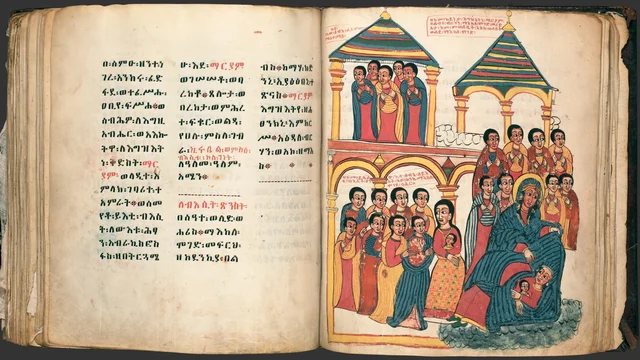 The Miracles of Mary (Te'amire Maryam), double page: the Virgin holding a reclining figure among women