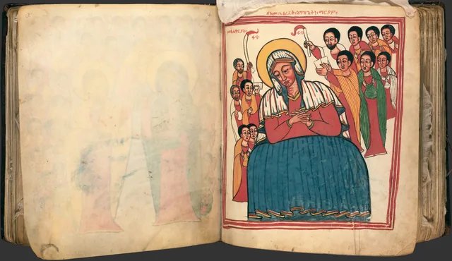 Les Miracles de Marie (Te'amire Maryam), double page : la Vierge assise dans un cadre rouge devant une foule