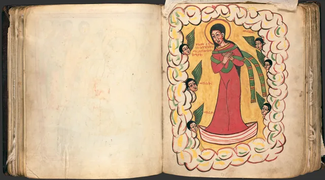 Les Miracles de Marie (Te'amire Maryam), double page : la Vierge debout dans un cadre en forme de nuage