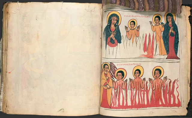 The Miracles of Mary (Te'amire Maryam), double page: two framed scenes with flames