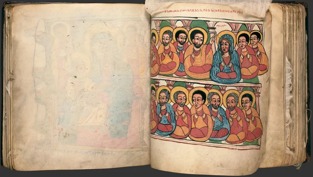 The Miracles of Mary (Te'amire Maryam), double page: two rows of haloed figures under arcades