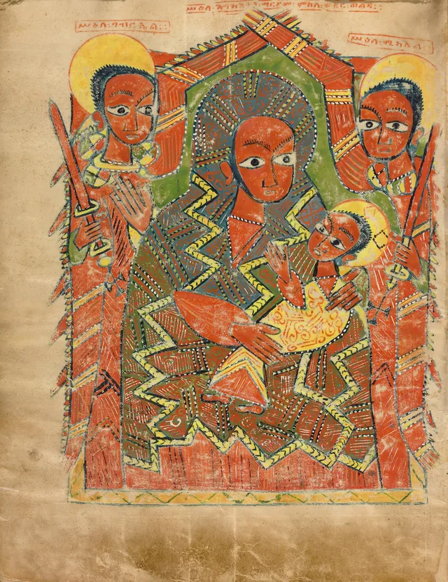 A Virgem e o Menino com os arcanjos Miguel e Gabriel (ms 102, f. 19v)