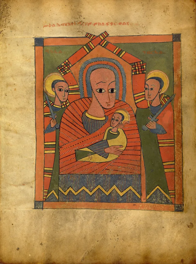 La Vierge à l'Enfant avec les archanges Michel et Gabriel (ms 105, f. 10)