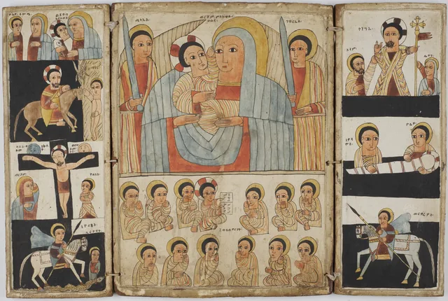 Triptych Icon with Virgin Mary and Christ Child Flanked by Archangels above Youthful Christ Teaching, Scenes from the Life of Christ and Equestrian Saints