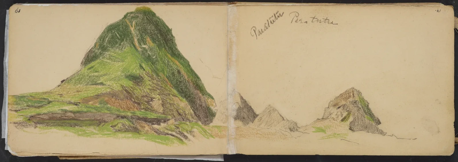 Dibujo en color del Paritutu, New Plymouth. De un cuaderno de 1893, Petrus van der Velden