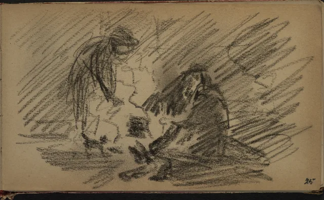 Cena de fogueira de acampamento. De um caderno de Otira, Petrus van der Velden