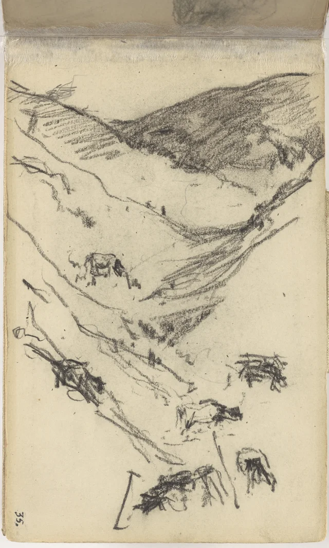 Esboço a carvão de um vale com gado. De um caderno de Wellington, Petrus van der Velden