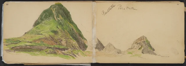 Desenho em cores do Paritutu, New Plymouth. De um caderno de 1893, Petrus van der Velden