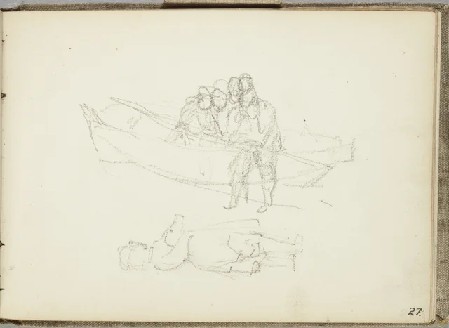 Grupo de personagens com um barco. De um caderno de Marken