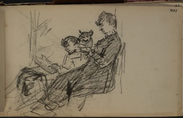 Dois personagens sentados num interior. De um caderno de Otira, Petrus van der Velden