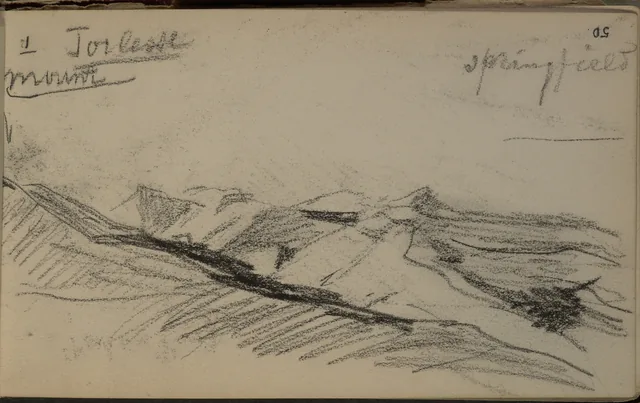 Esboço intitulado Mt Torlesse, Springfield. De um caderno de Otira, Petrus van der Velden