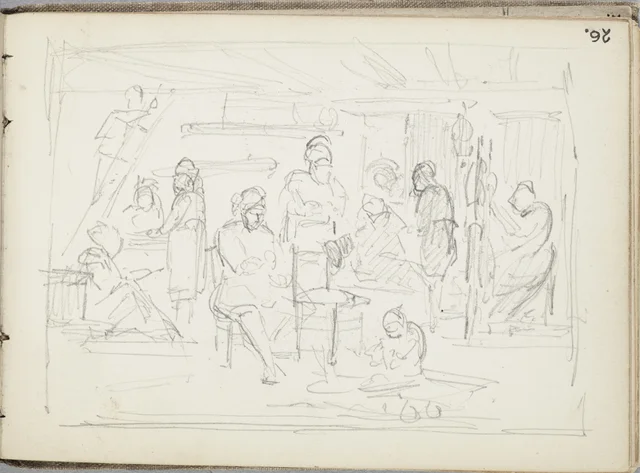 Esboço de um grupo de personagens num interior. De um caderno de Marken
