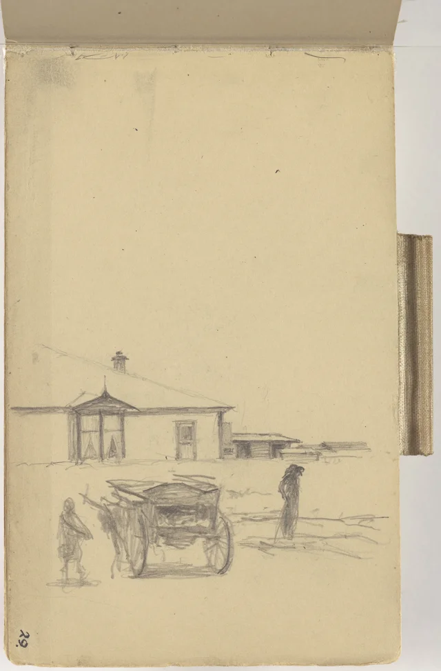 Esboço de uma casa, de uma carroça e de personagens. De um caderno de Wellington, Petrus van der Velden