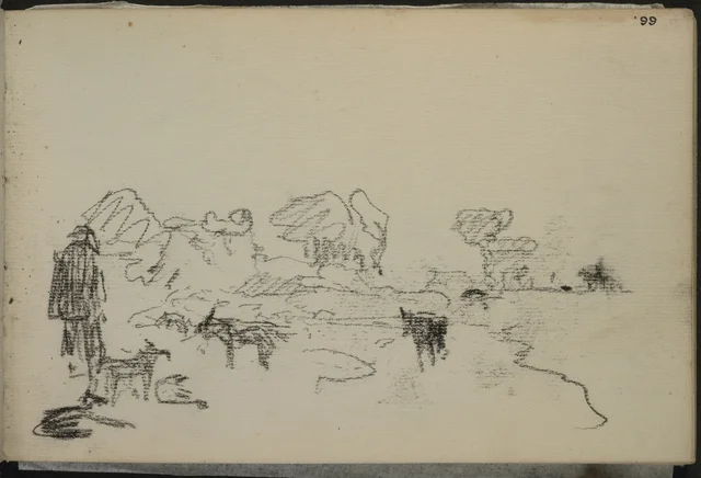 Esboço de um homem e de animais numa paisagem. De um caderno de 1891
