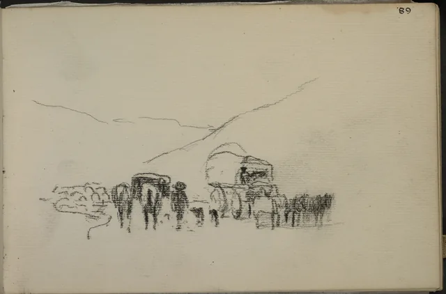 Esboço de veículos numa estrada de montanha. De um caderno de 1891