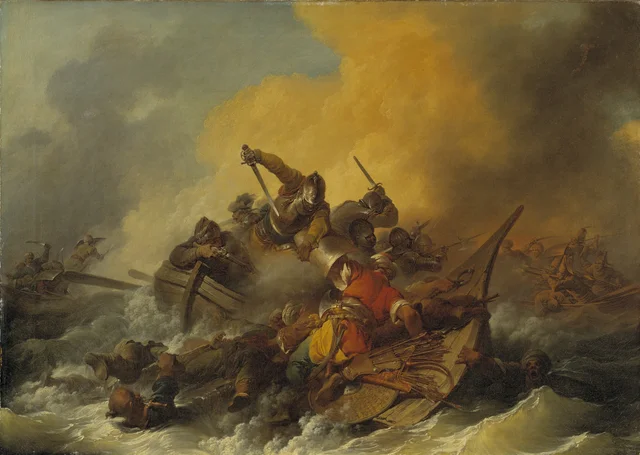 Combate en el mar entre soldados y piratas orientales