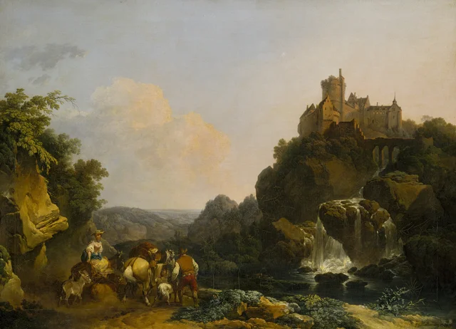 Paisaje con una cascada, un castillo y campesinos, Philippe-Jacques de Loutherbourg