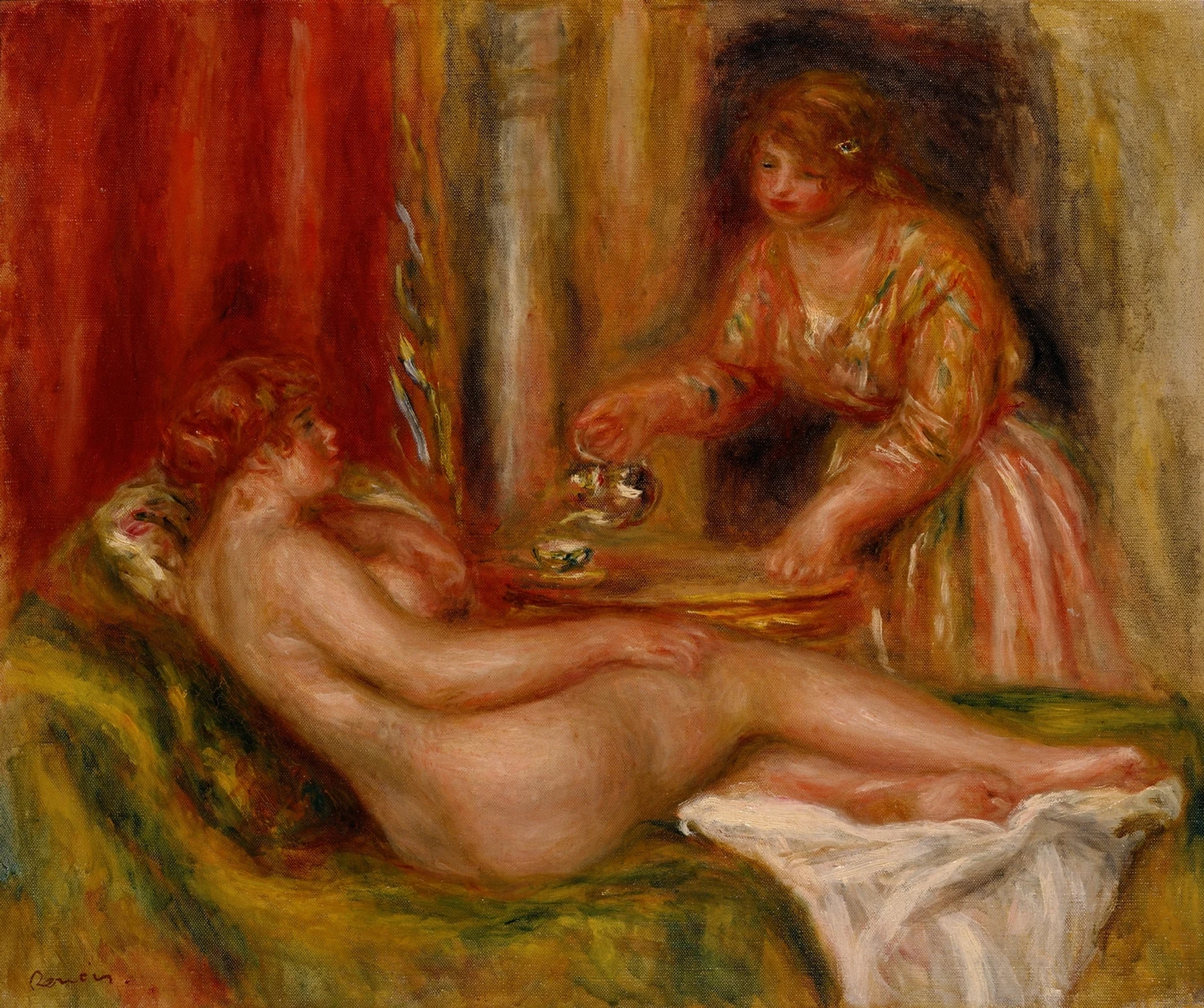 Nu couché et domestique servant du thé, Pierre-Auguste Renoir