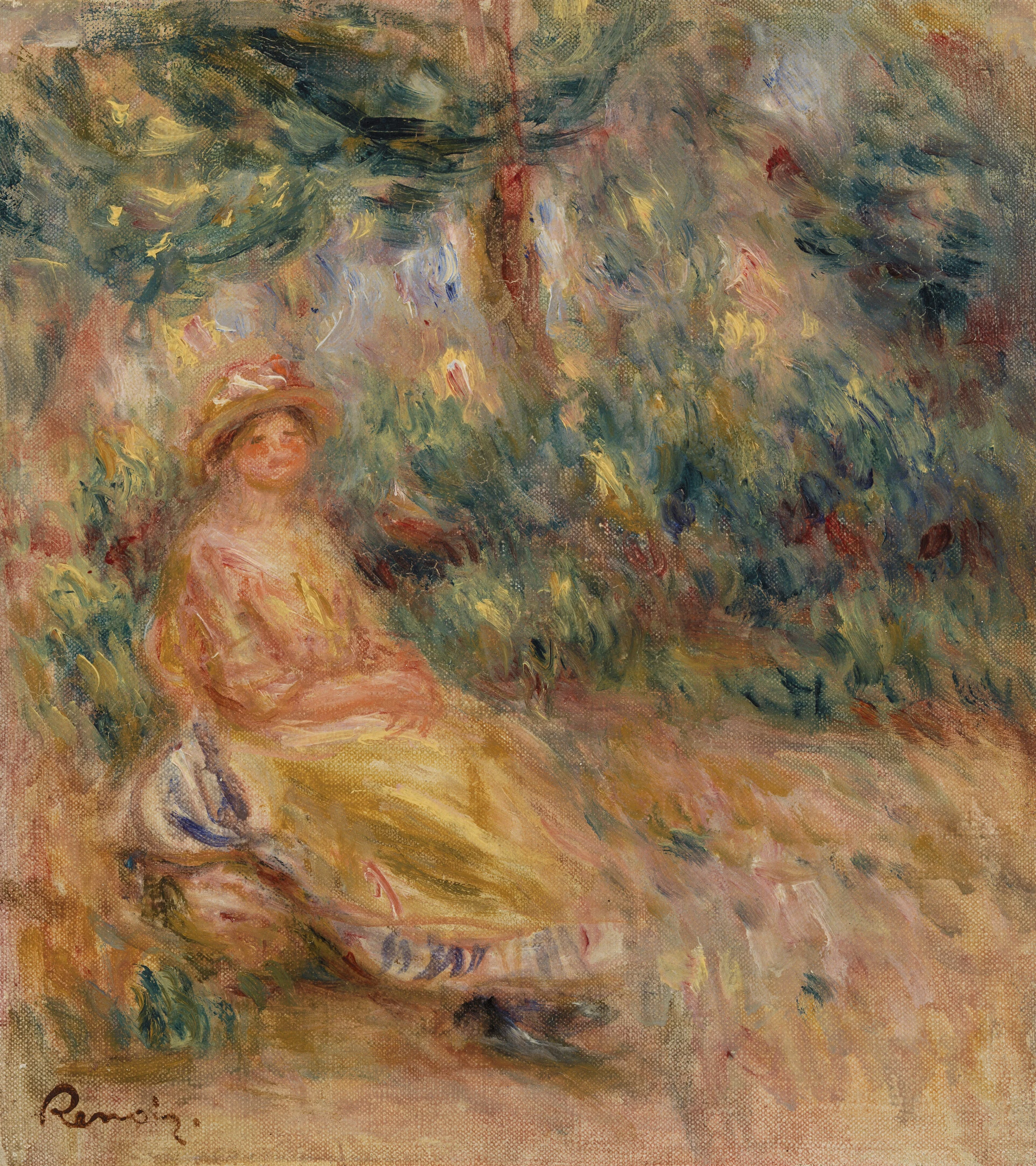 Woman in Pink and Yellow in a Landscape (Femme en rose et jaune dans un paysage), Pierre-Auguste Renoir