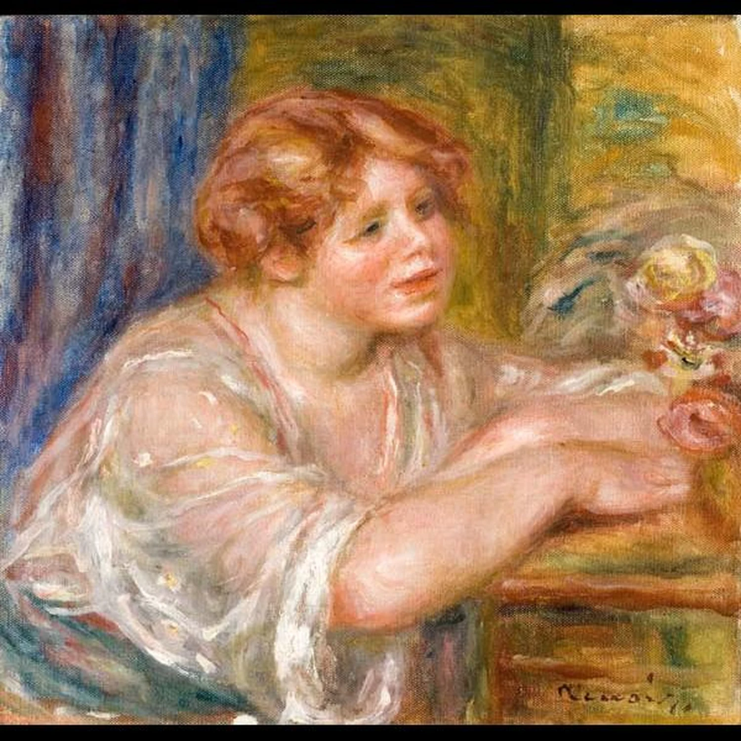 Buste de jeune fille regardant des fleurs, Pierre-Auguste Renoir