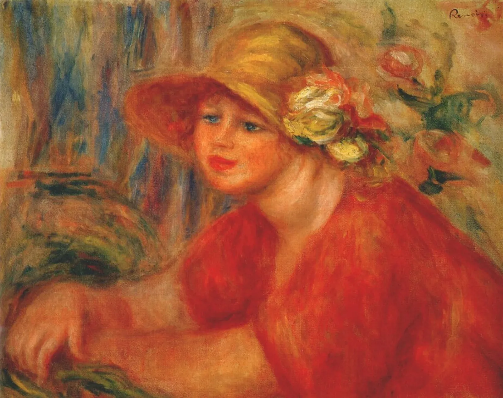 Femme au chapeau à fleurs, corsage rouge et les mains croisées, Pierre-Auguste Renoir