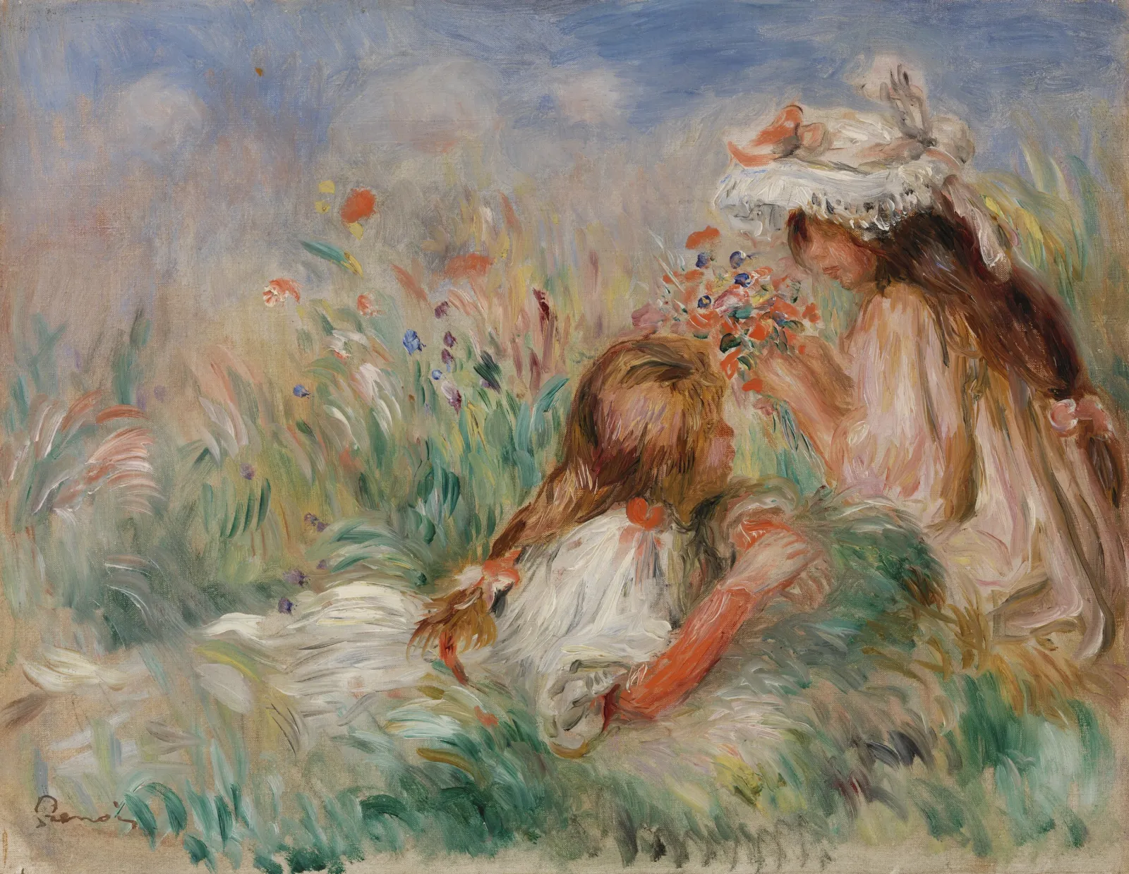 Fillette couchée sur l'herbe et jeune fille arrangeant un bouquet, Pierre-Auguste Renoir