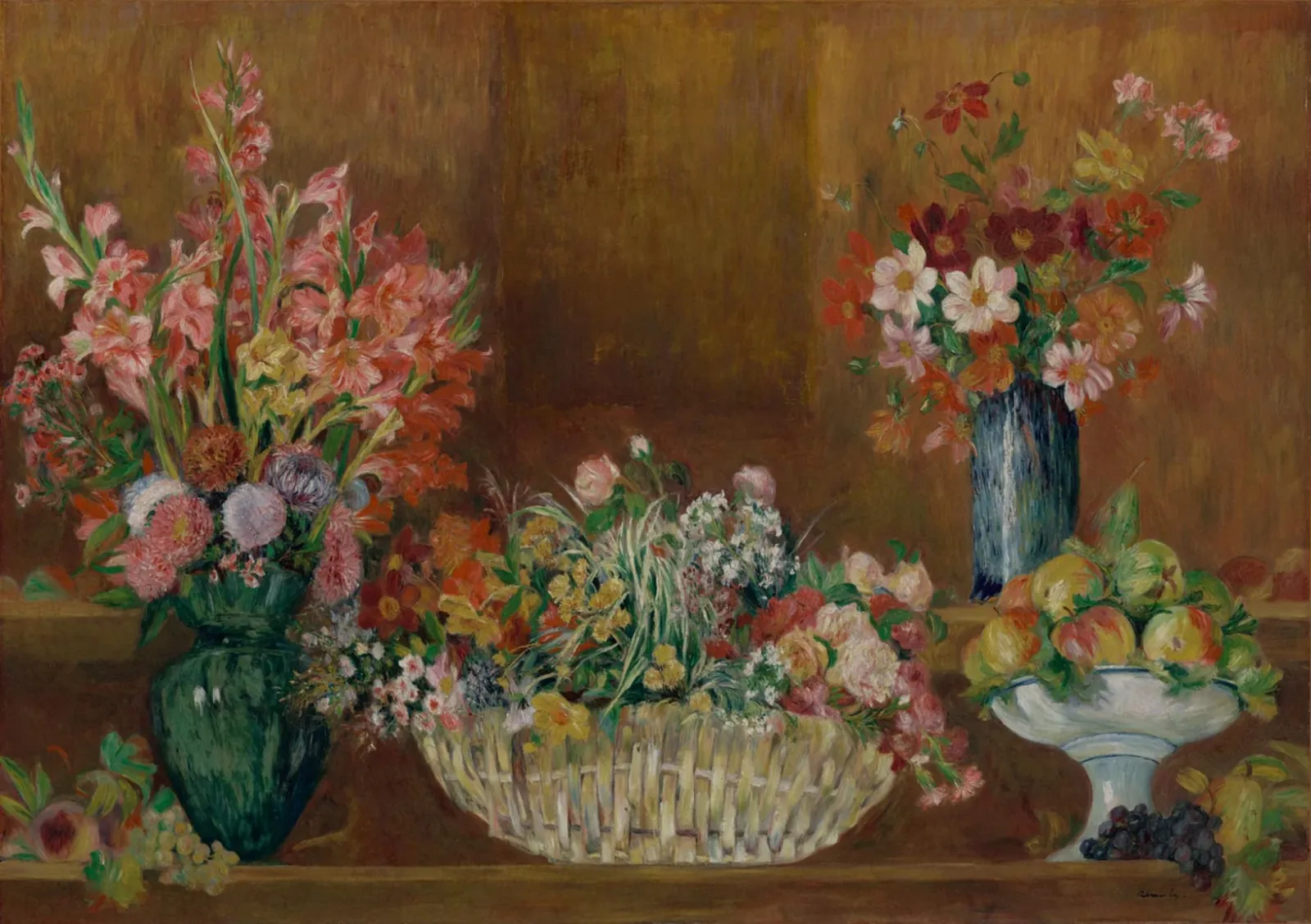 Nature morte au vase de glaïeuls et panier de fleurs, Pierre-Auguste Renoir