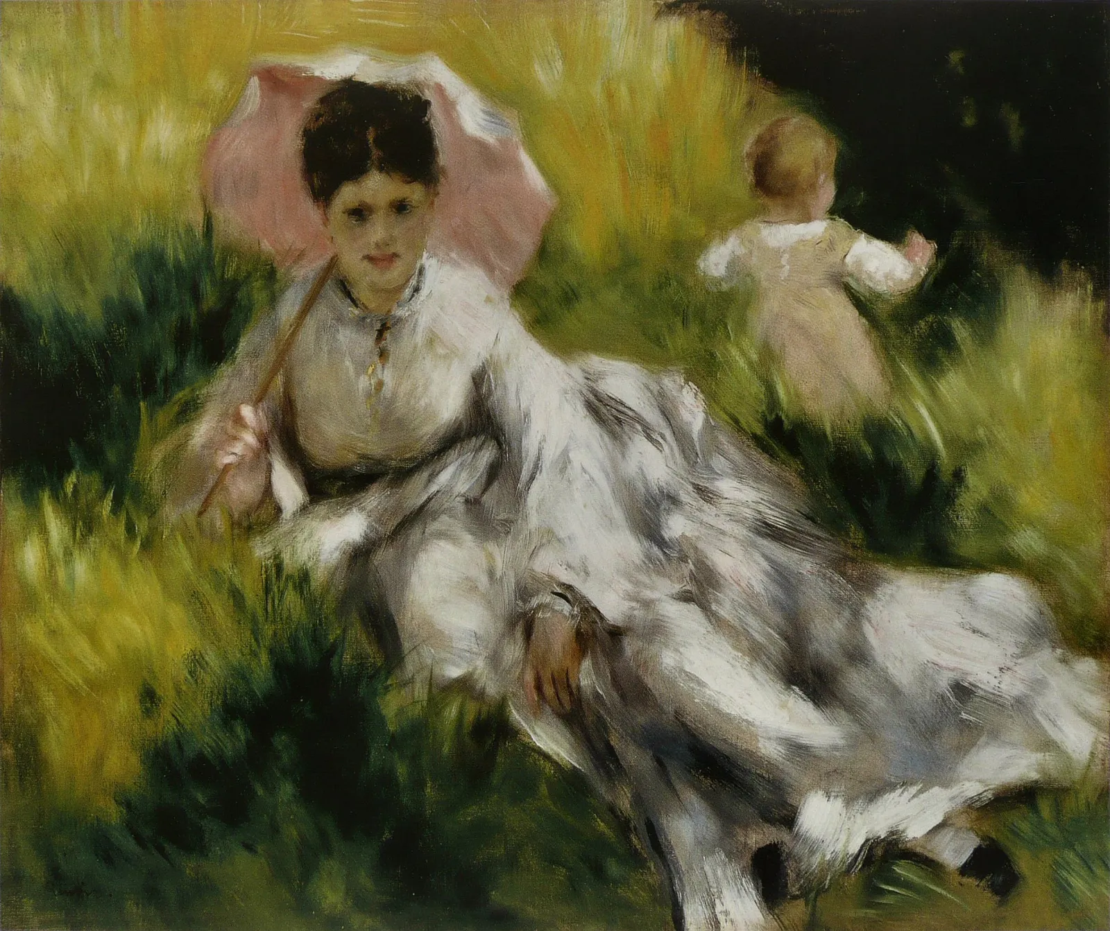 Woman with a Parasol and Small Child on a Sunlit Hillside, Pierre-Auguste Renoir