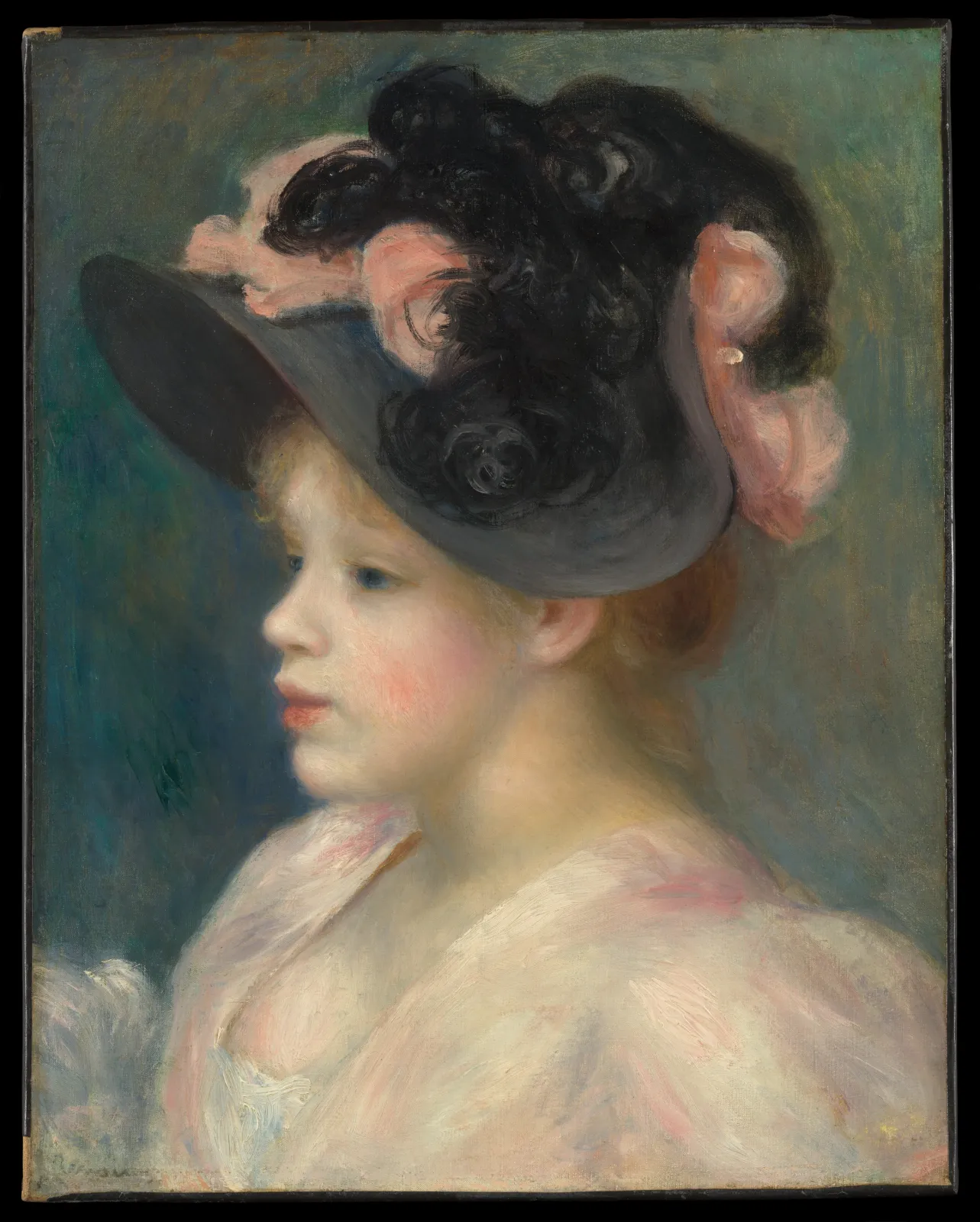 Young Girl in a Pink-and-Black Hat, Pierre-Auguste Renoir