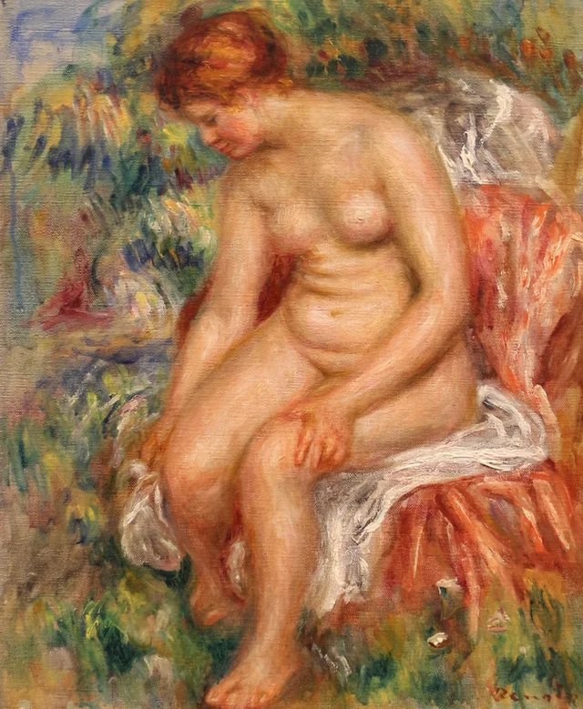 Bañista sentada secándose una pierna, Pierre-Auguste Renoir