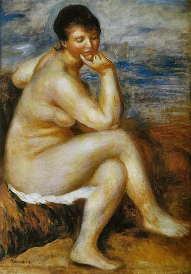 Baigneuse assise sur un rocher