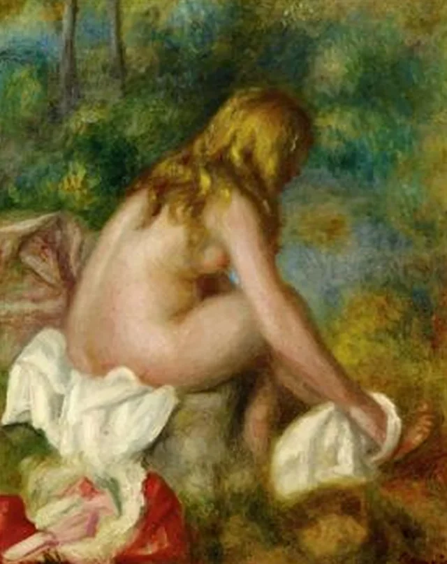 Bañista, desnuda sentada